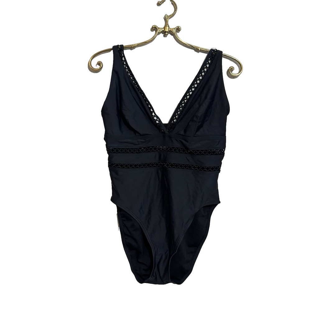 SWIMSUITS FOR ALL V-Neck Mesh Panel One Piece Swimsuit Size 12 Black